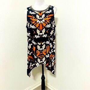Alfani Women’s Plus Size 14 Butterfly Patterned Blouse Beaded Sleeveless EUC
